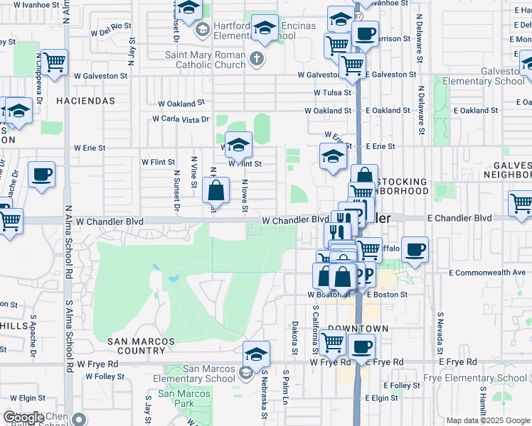 map of restaurants, bars, coffee shops, grocery stores, and more near 445 West Chandler Boulevard in Chandler