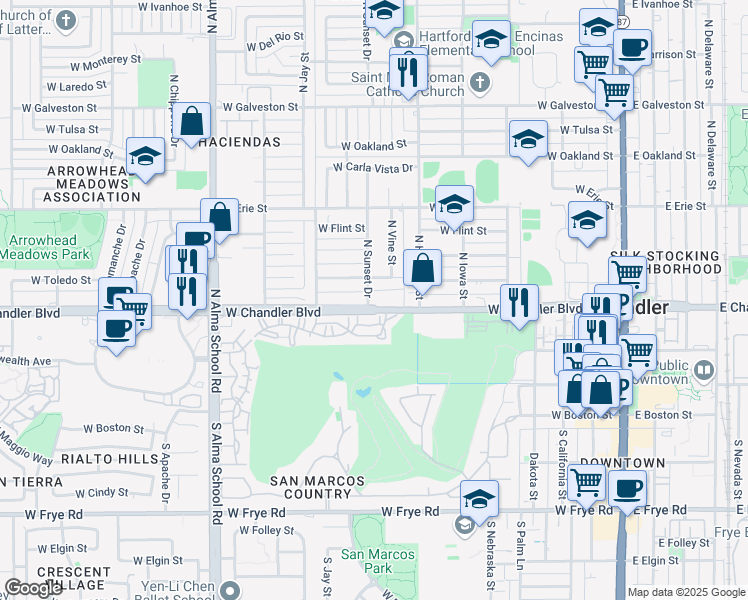 map of restaurants, bars, coffee shops, grocery stores, and more near 698 West Chandler Boulevard in Chandler