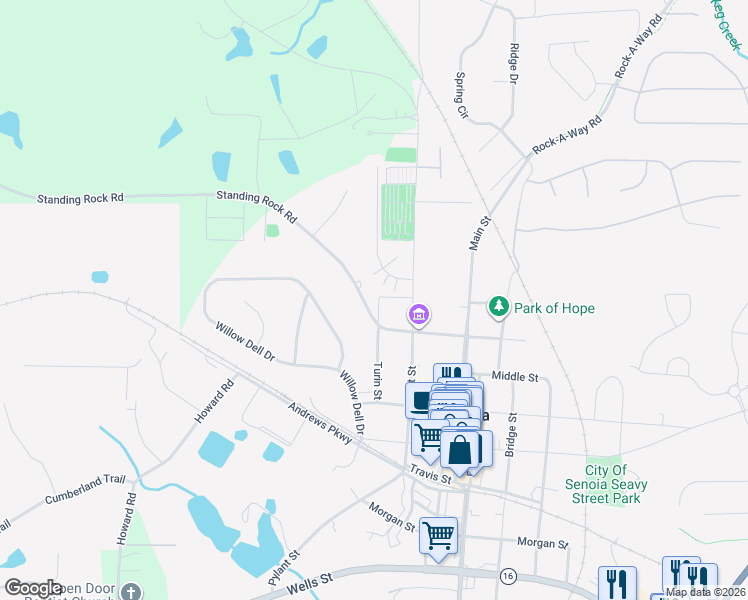 map of restaurants, bars, coffee shops, grocery stores, and more near 30 Drake Street in Senoia