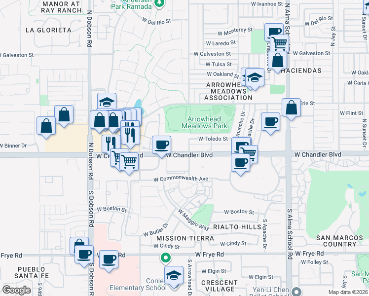 map of restaurants, bars, coffee shops, grocery stores, and more near in Chandler