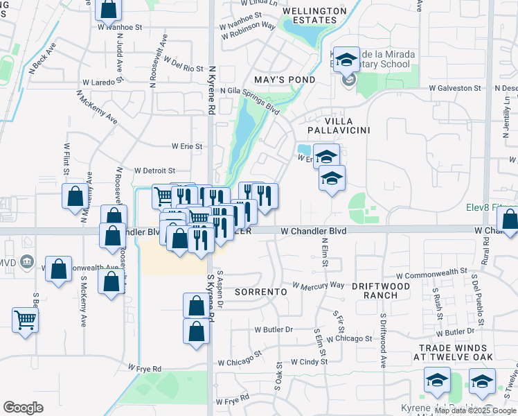 map of restaurants, bars, coffee shops, grocery stores, and more near 5800 West Chandler Boulevard in Chandler