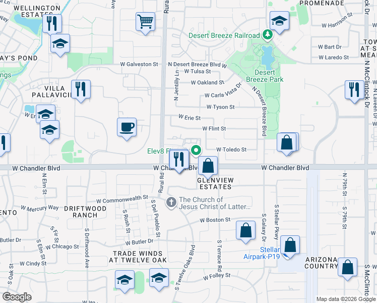 map of restaurants, bars, coffee shops, grocery stores, and more near 4860 West Chandler Boulevard in Chandler