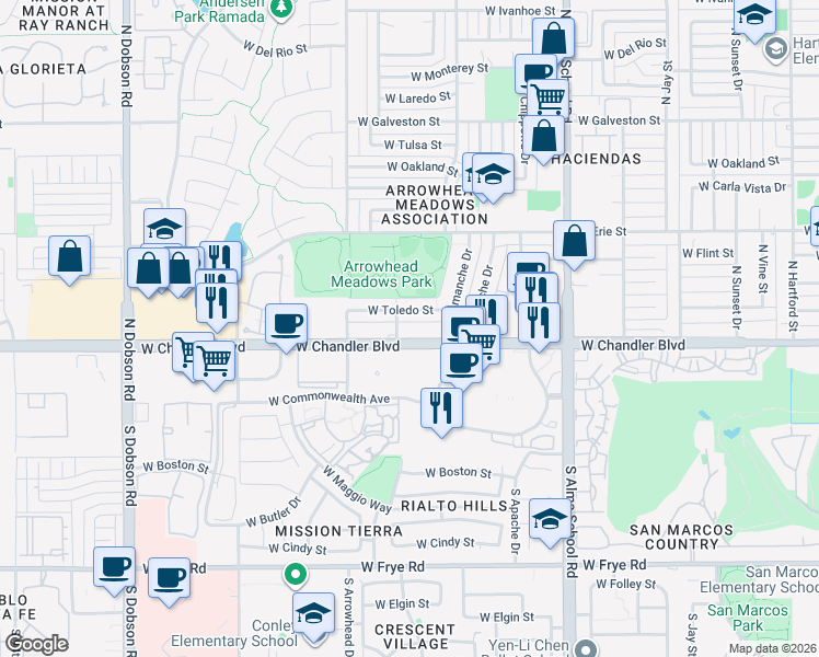 map of restaurants, bars, coffee shops, grocery stores, and more near 1311-1445 W Chandler Blvd in Chandler