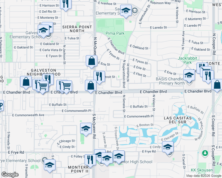 map of restaurants, bars, coffee shops, grocery stores, and more near 1075 East Chandler Boulevard in Chandler