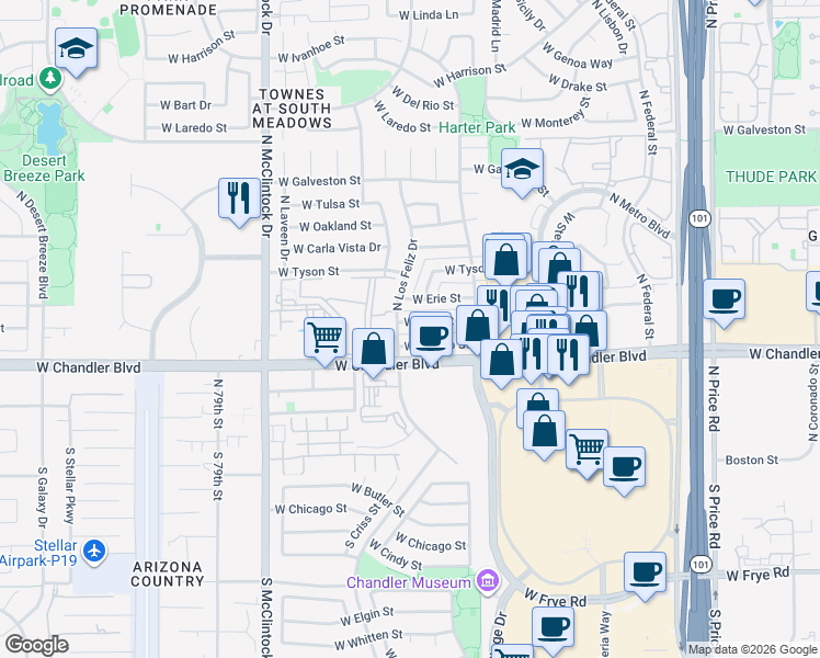 map of restaurants, bars, coffee shops, grocery stores, and more near 3800 West Chandler Boulevard in Chandler