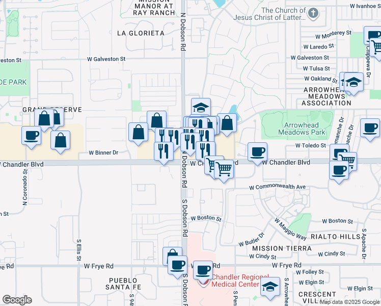 map of restaurants, bars, coffee shops, grocery stores, and more near 1990 West Chandler Boulevard in Chandler