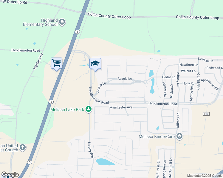 map of restaurants, bars, coffee shops, grocery stores, and more near 2811 Redbud Lane in Melissa