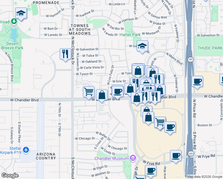 map of restaurants, bars, coffee shops, grocery stores, and more near 3800 West Chandler Boulevard in Chandler