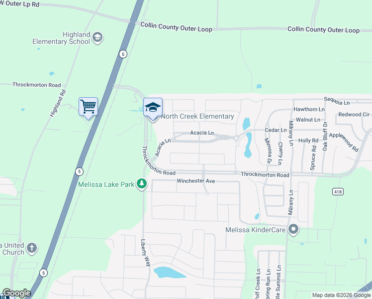 map of restaurants, bars, coffee shops, grocery stores, and more near 2811 Redbud Lane in Melissa