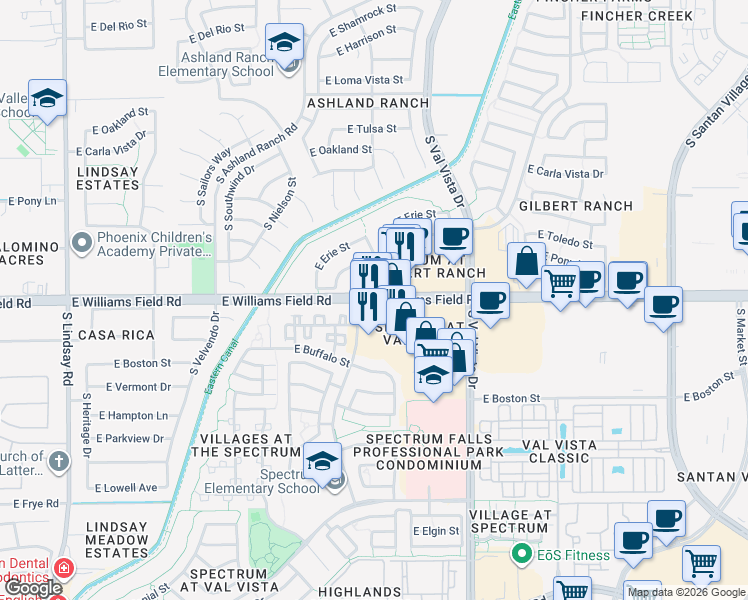 map of restaurants, bars, coffee shops, grocery stores, and more near 15317 East Williams Field Road in Gilbert