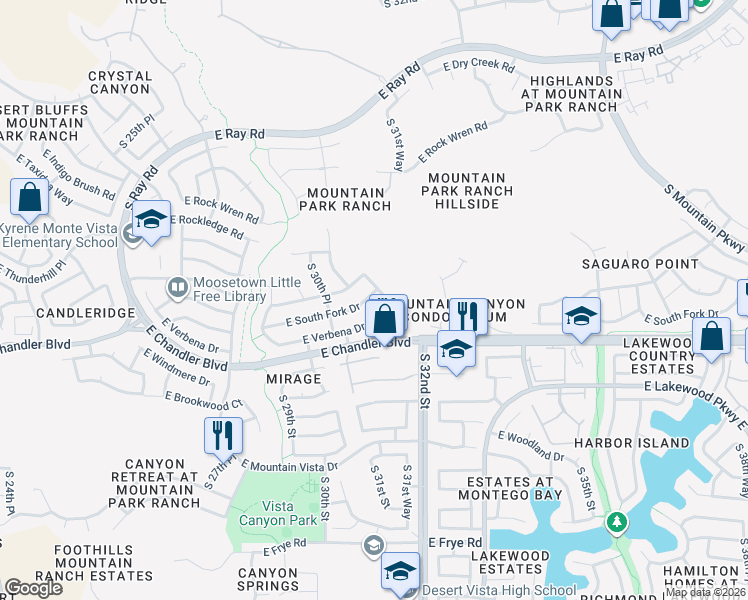 map of restaurants, bars, coffee shops, grocery stores, and more near 3131 East South Fork Drive in Phoenix