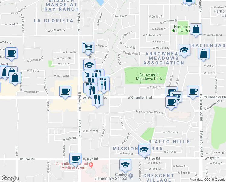 map of restaurants, bars, coffee shops, grocery stores, and more near 333 North Pennington Drive in Chandler