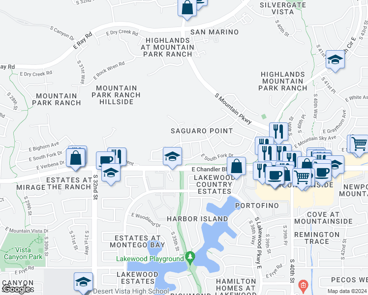 map of restaurants, bars, coffee shops, grocery stores, and more near 15419 South 36th Place in Phoenix