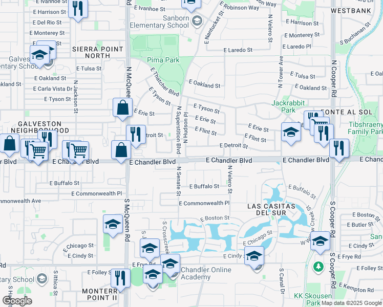 map of restaurants, bars, coffee shops, grocery stores, and more near 1121 East Chandler Boulevard in Chandler