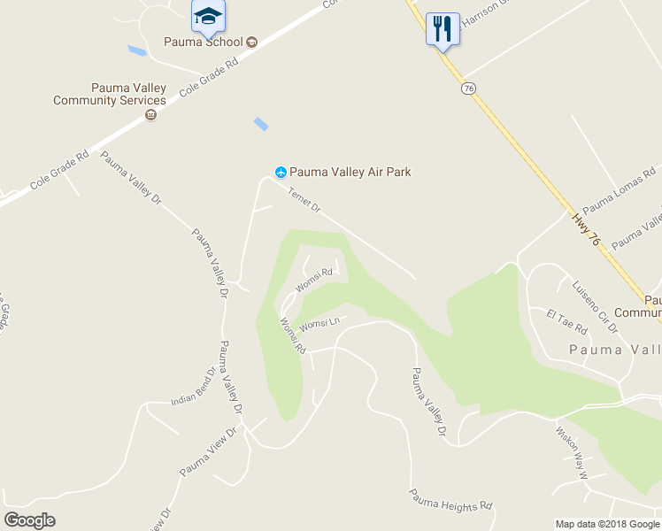 map of restaurants, bars, coffee shops, grocery stores, and more near 32640 Womsi Road in Pauma Valley