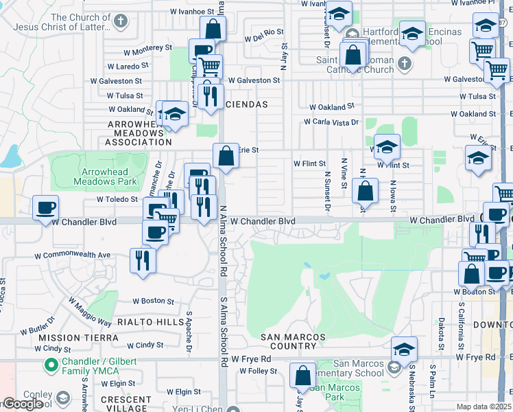 map of restaurants, bars, coffee shops, grocery stores, and more near 810 West Toledo Street in Chandler