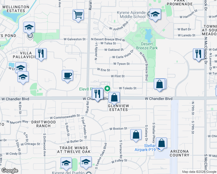 map of restaurants, bars, coffee shops, grocery stores, and more near 295 North Rural Road in Chandler