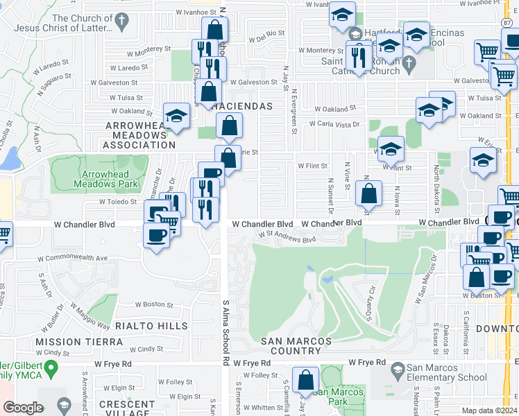 map of restaurants, bars, coffee shops, grocery stores, and more near 810 West Toledo Street in Chandler