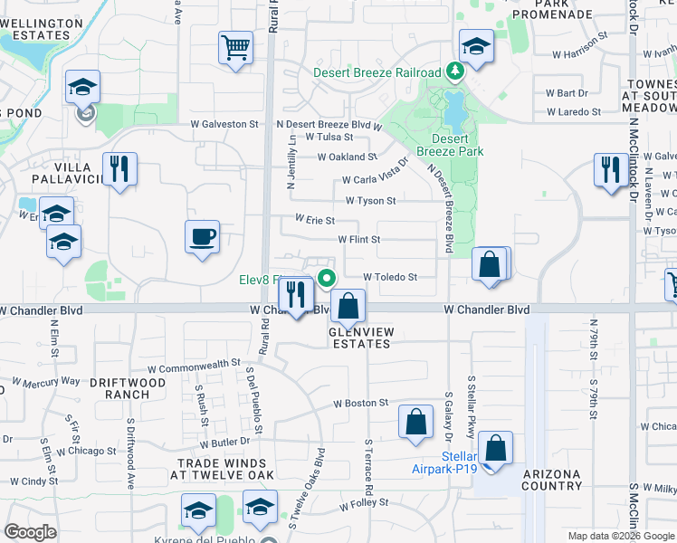 map of restaurants, bars, coffee shops, grocery stores, and more near 295 North Rural Road in Chandler