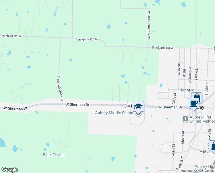 map of restaurants, bars, coffee shops, grocery stores, and more near 1092 West Sherman Drive in Aubrey