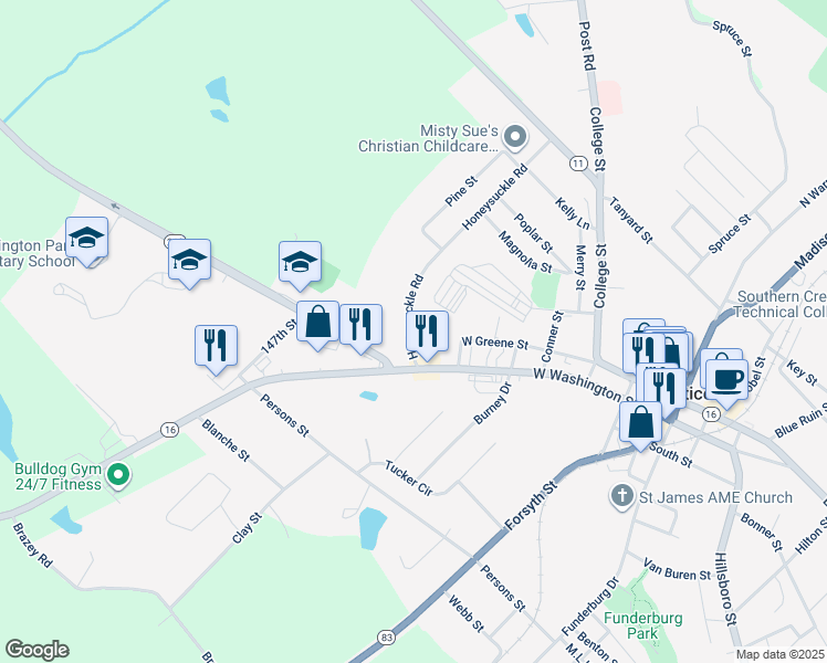 map of restaurants, bars, coffee shops, grocery stores, and more near 301 Honeysuckle Road in Monticello