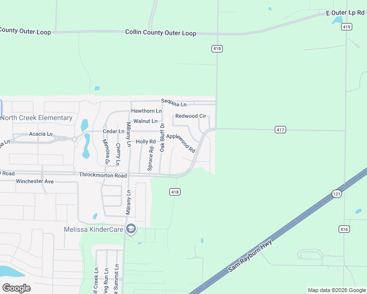 map of restaurants, bars, coffee shops, grocery stores, and more near 3608 Applewood Road in Melissa