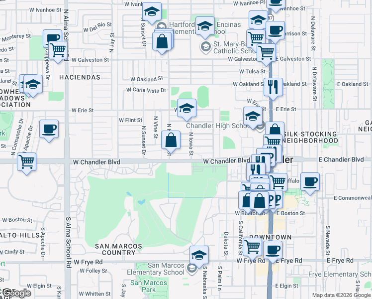 map of restaurants, bars, coffee shops, grocery stores, and more near 528 West Toledo Street in Chandler
