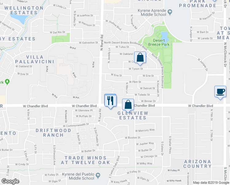 map of restaurants, bars, coffee shops, grocery stores, and more near 295 North Rural Road in Chandler