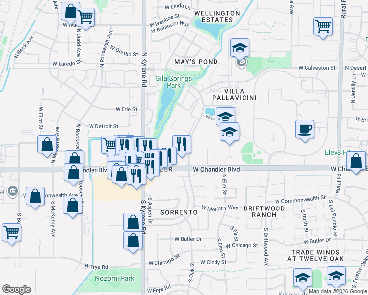 map of restaurants, bars, coffee shops, grocery stores, and more near 341 North Gila Springs Boulevard in Chandler
