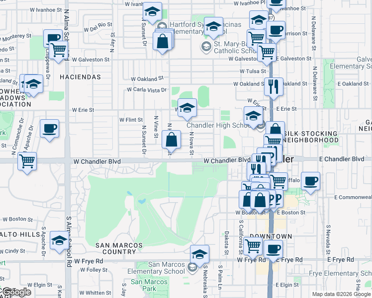 map of restaurants, bars, coffee shops, grocery stores, and more near 528 West Toledo Street in Chandler