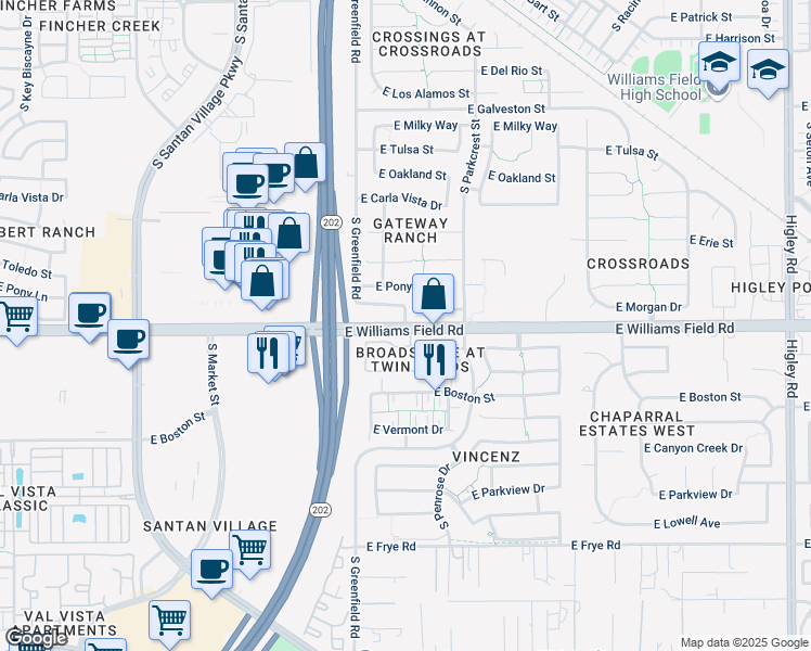 map of restaurants, bars, coffee shops, grocery stores, and more near S Greenfield Rd & E Williams Field Rd in Gilbert