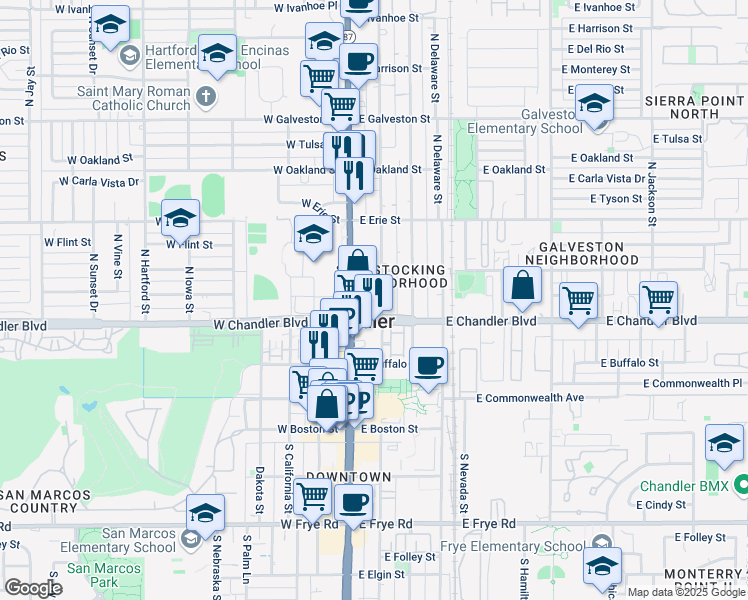 map of restaurants, bars, coffee shops, grocery stores, and more near 283 North Washington Street in Chandler