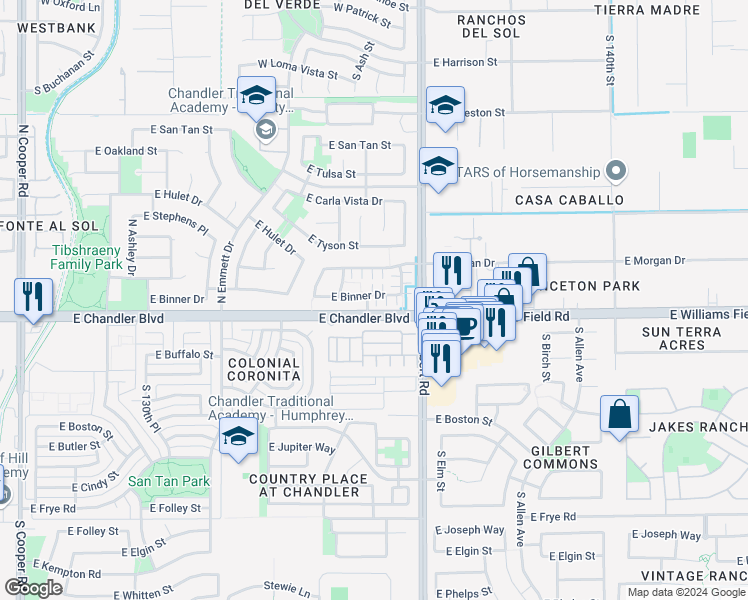map of restaurants, bars, coffee shops, grocery stores, and more near 2880 East Binner Drive in Chandler