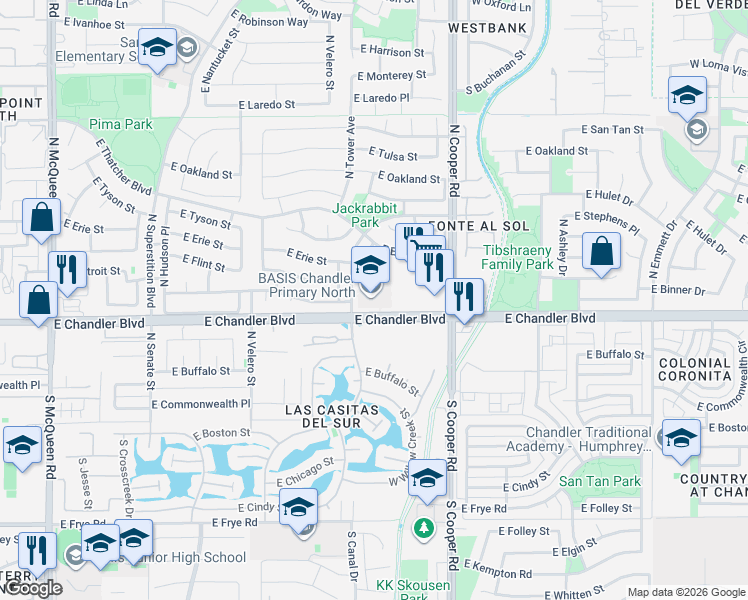 map of restaurants, bars, coffee shops, grocery stores, and more near 301 North Danyell Drive in Chandler