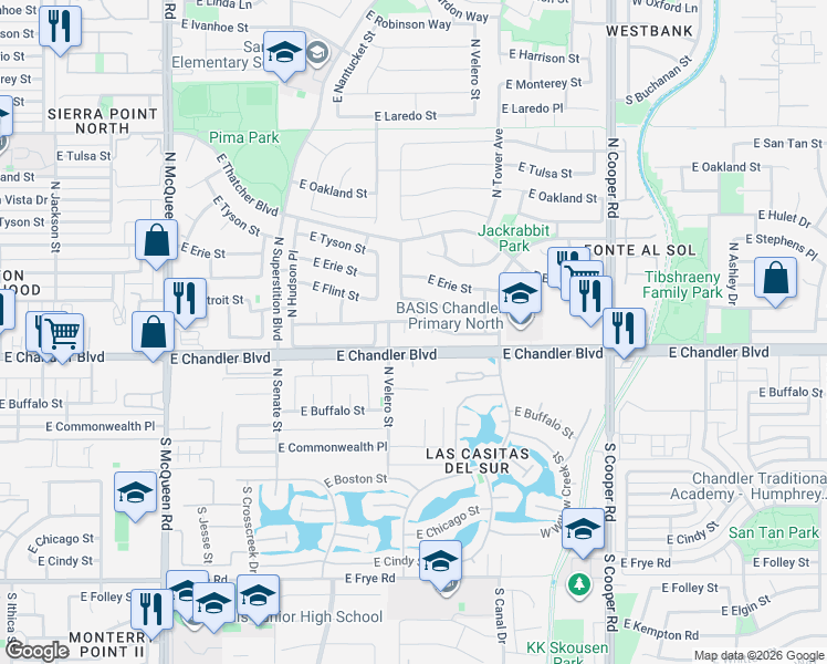 map of restaurants, bars, coffee shops, grocery stores, and more near 1572 East Detroit Street in Chandler