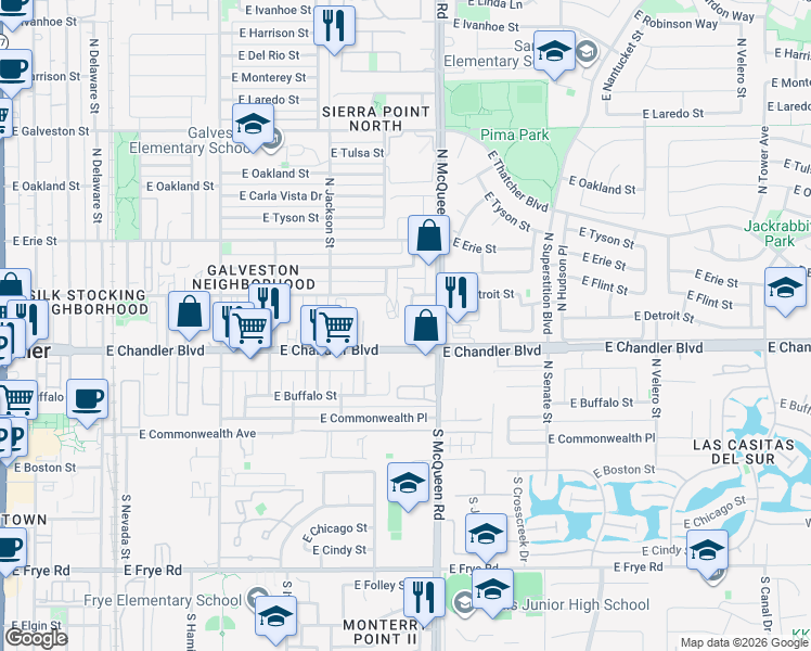 map of restaurants, bars, coffee shops, grocery stores, and more near 23 North Monte Vista Street in Chandler