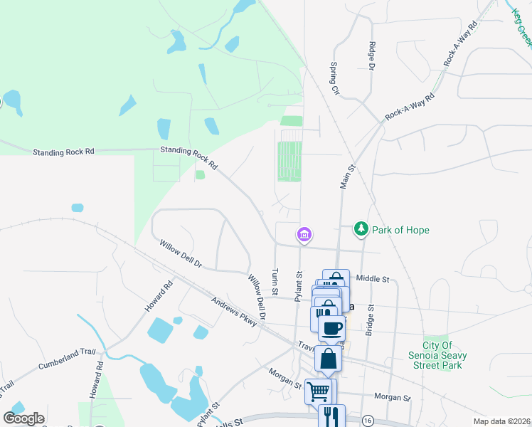map of restaurants, bars, coffee shops, grocery stores, and more near 30 Drake Street in Senoia