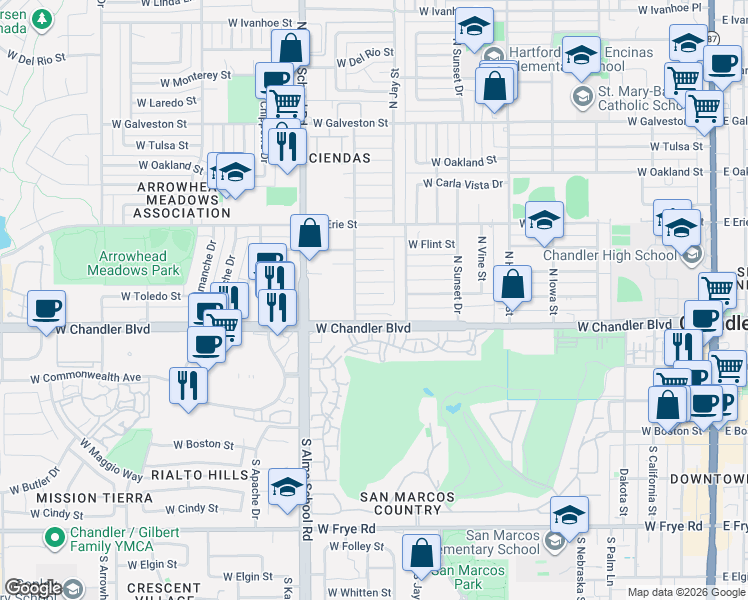 map of restaurants, bars, coffee shops, grocery stores, and more near 810 West Toledo Street in Chandler