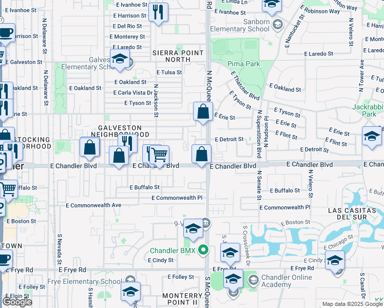 map of restaurants, bars, coffee shops, grocery stores, and more near 23 North Monte Vista Street in Chandler