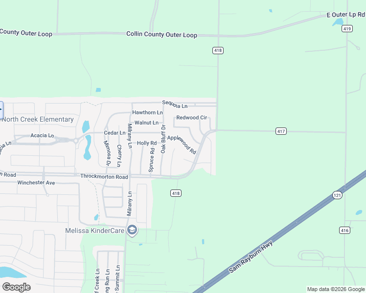 map of restaurants, bars, coffee shops, grocery stores, and more near 3608 Applewood Road in Melissa
