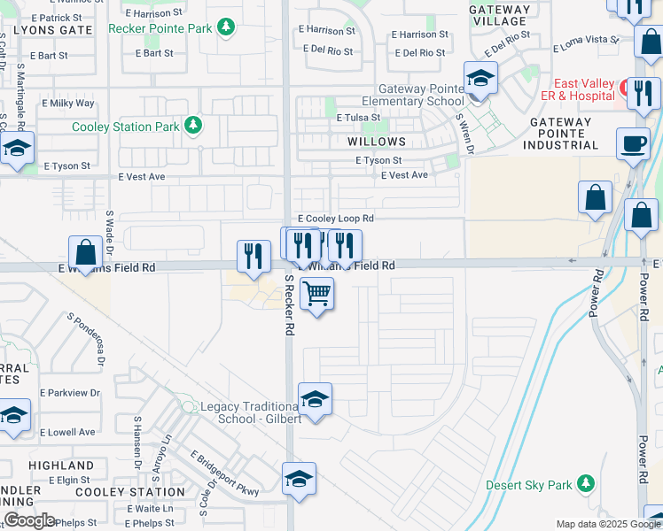 map of restaurants, bars, coffee shops, grocery stores, and more near 17601 East Williams Field Road in Gilbert