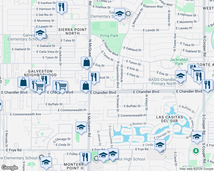 map of restaurants, bars, coffee shops, grocery stores, and more near 262 North Crosscreek Drive in Chandler