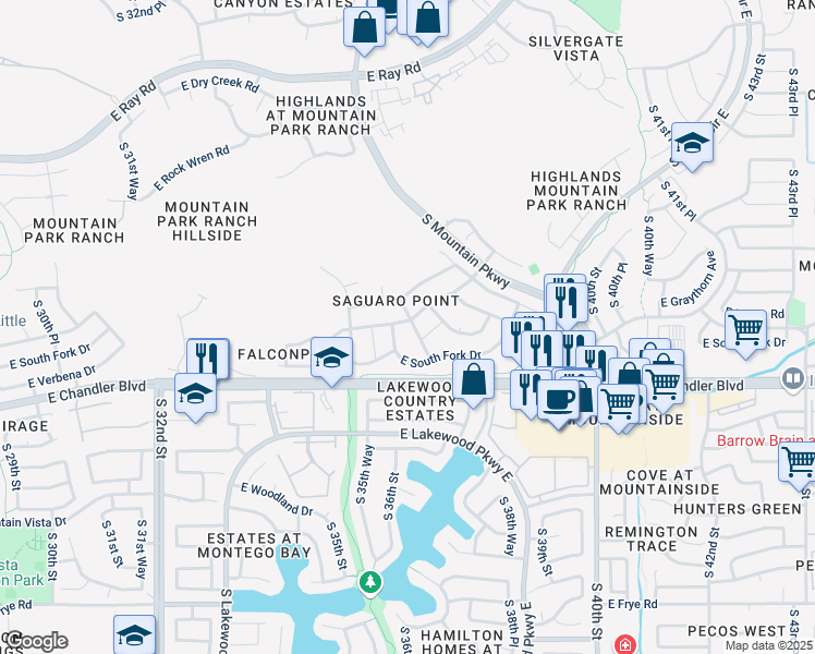 map of restaurants, bars, coffee shops, grocery stores, and more near 15414 South 38th Street in Phoenix