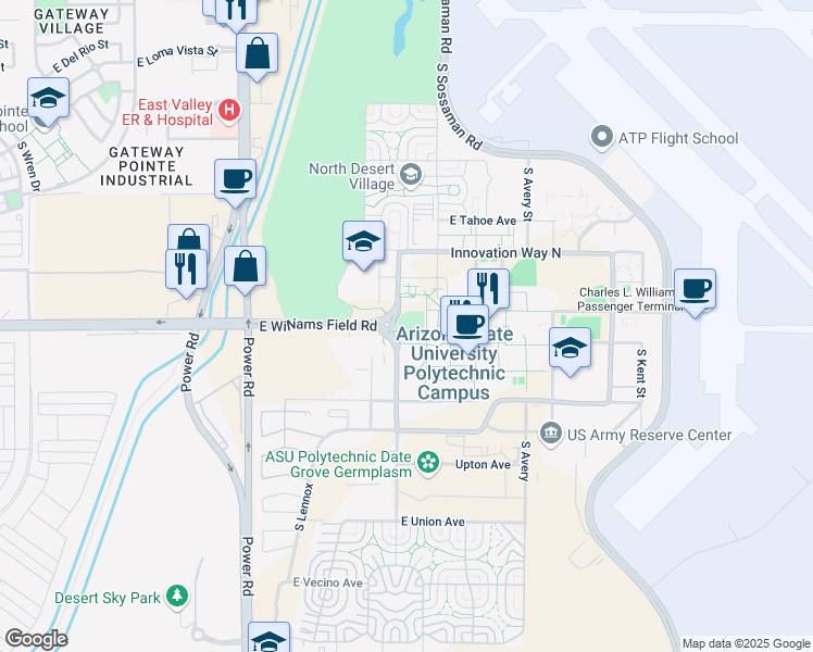 map of restaurants, bars, coffee shops, grocery stores, and more near South Willians Campus Loop West in Mesa