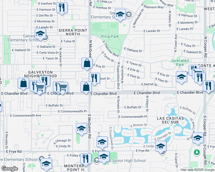 map of restaurants, bars, coffee shops, grocery stores, and more near 262 North Crosscreek Drive in Chandler