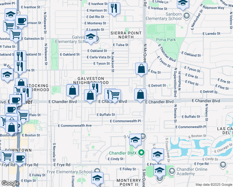 map of restaurants, bars, coffee shops, grocery stores, and more near 835 East Detroit Street in Chandler