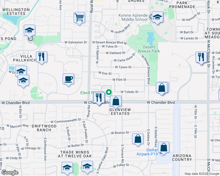 map of restaurants, bars, coffee shops, grocery stores, and more near 4841 West Flint Street in Chandler