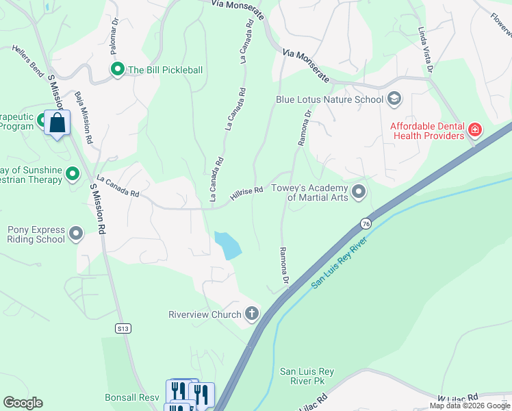map of restaurants, bars, coffee shops, grocery stores, and more near 4422 Fallsbrae Road in Fallbrook
