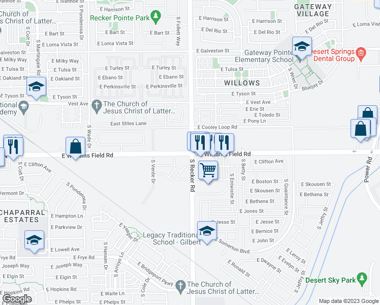 map of restaurants, bars, coffee shops, grocery stores, and more near 17598 East Williams Field Road in Gilbert