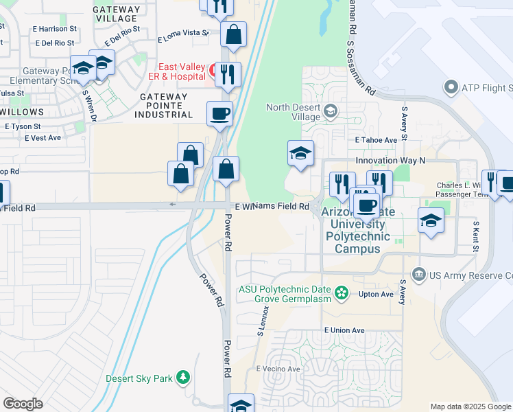 map of restaurants, bars, coffee shops, grocery stores, and more near 7001 East Williams Field Road in Mesa